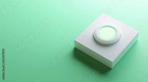 Illuminated button on white cube, green background; interface concept photo