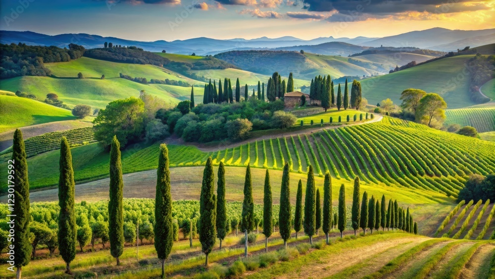 Fototapeta premium Italian wine region landscape with rolling hills and cypress trees, rural landscape, rustic scenery, wine country, hills, italian wine region
