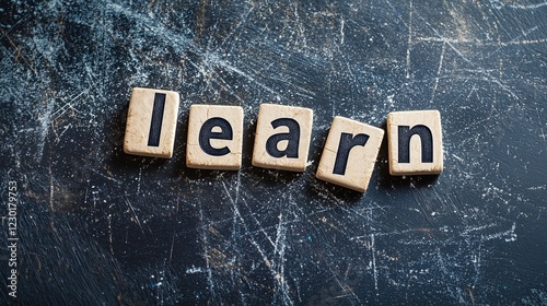 word 'learn' spelled out with letter tiles on textured surface visual representation of education and personal growth photo