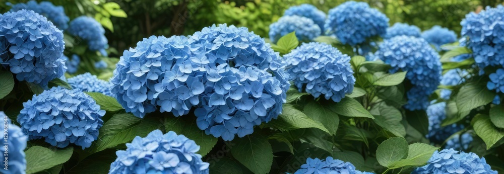 Large clusters of vibrant blue hydrangea flowers in full bloom against a bright green garden background, foliage, gardening, greenery Large clusters of vibrant blue hydrangea flowers in full bloom against a bright green garden background, foliage, gardening, greenery