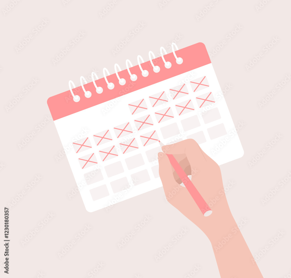 Hand crossing out days on calendar with red pen. Flat vector illustration Hand crossing out days on calendar with red pen. Flat vector illustration