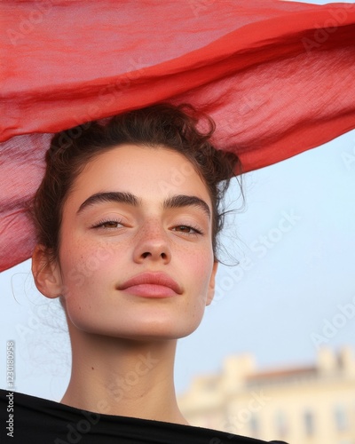 Natural Empowerment Portrait Latina Woman with Vibrant Red Cloth - Peaceful Activism and Diversity in Modern Visual Storytelling for Powerful Marketing Campaigns photo