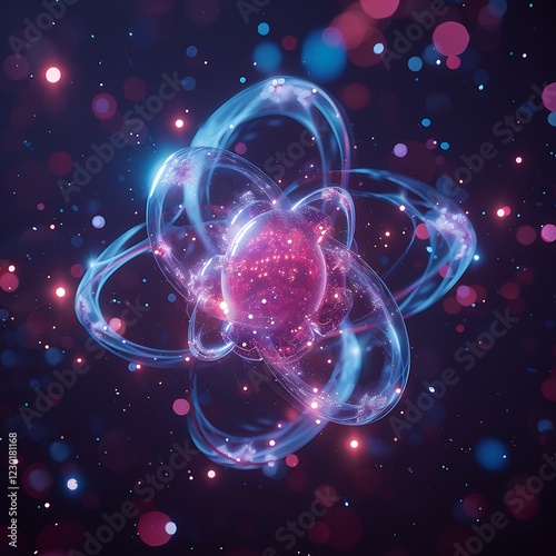 Stylized 3D rendering of an atom glowing nucleus surrounded by orbiting electrons, set against a dark, spacelike background with bokeh effects. Represents quantum physics and atomic structure.