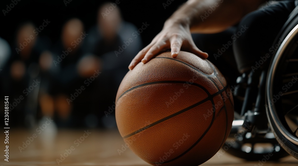 Male paralympic basketball player dribbling on court Male paralympic basketball player dribbling on court