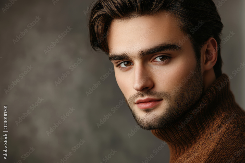 Fototapeta premium Close-up of a handsome man in a cozy turtleneck sweater, exuding confidence and warmth, perfect for showcasing winter fashion, lifestyle branding, or editorial promotions.