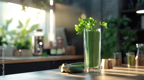 Green smoothie in kitchen, sunlight, healthy lifestyle photo