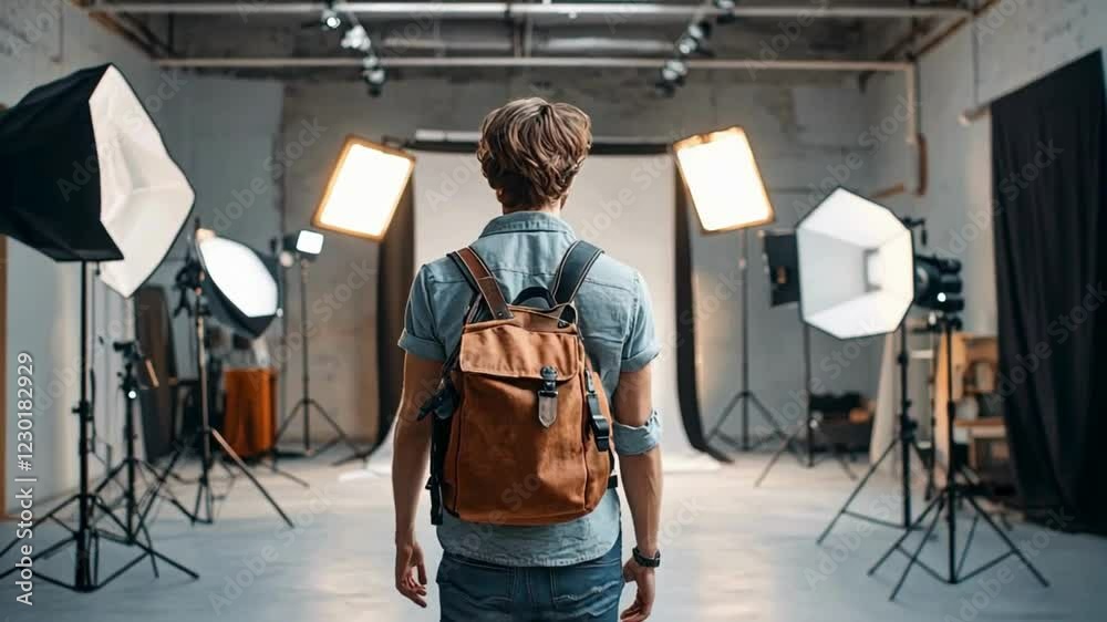 boy carrying bag walking towards the photo studio for fashion models, young photographer spot boy for internship 