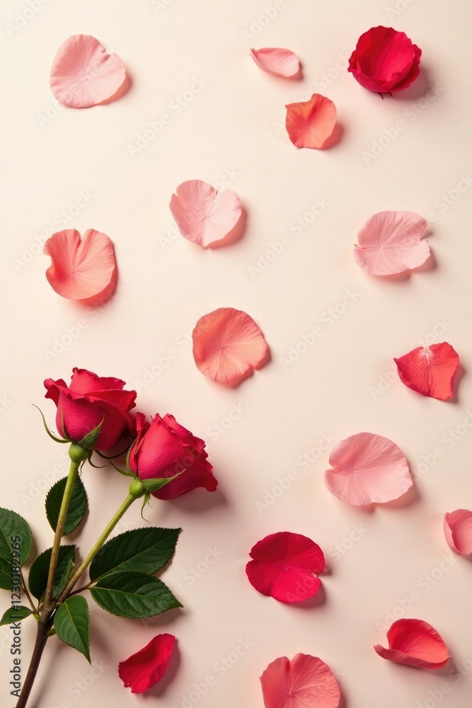 Rose petals scattered on a creamy white surface with a few stems in the foreground, nature, rose, flowers Rose petals scattered on a creamy white surface with a few stems in the foreground, nature, rose, flowers