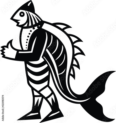 Cute Merman character  vector illustration, Merman fish styling line art vector, Merman vector design