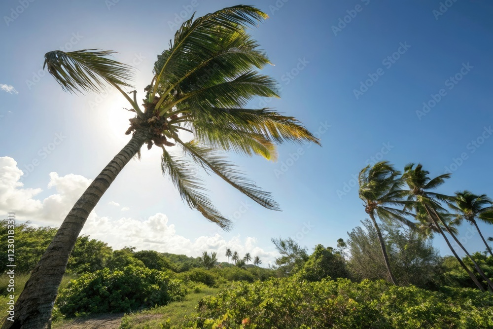 Naklejka premium Palm tree with leaves blowing in the wind as the sun shines brightly overhead outdoors in tropical climate, palm tree, outdoor, tropical, natural beauty