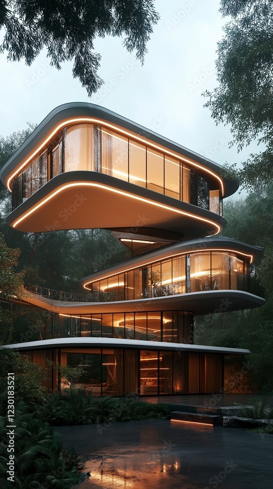 Fototapeta premium Modern architectural marvel gracefully rises among lush forest greenery, blending nature and design seamlessly at twilight. Generative AI