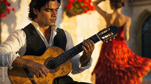 A passionate guitarist plays a traditional Spanish melody on a classical guitar as a flamenco dancer in a red dress moves gracefully in the background under warm golden sunlight