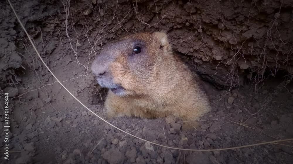 The Steppe Marmot (Marmota bobak) sits in the depths of its burrow, not far from the exit, close-up. The Steppe Marmot (Marmota bobak) sits in the depths of its burrow, not far from the exit, close-up.