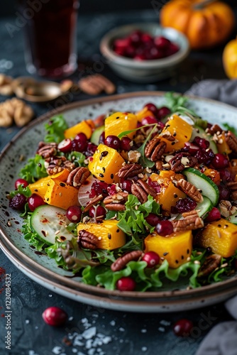 This salad features vibrant mixed greens topped with fresh pumpkin, cranberries, pecans, and cucumber. The rustic setting highlights the autumn flavors, creating an inviting atmosphere
