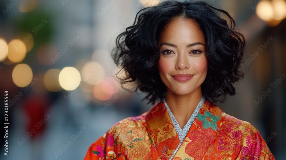 Asian female in vibrant floral kimono with short curly hair smiling on city street. Asian female in vibrant floral kimono with short curly hair smiling on city street.
