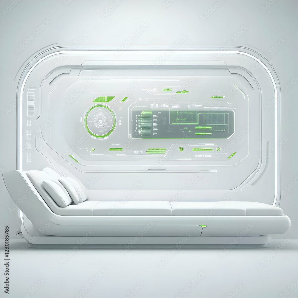 Fototapeta premium Futuristic bed, white room, sleep pod, tech display