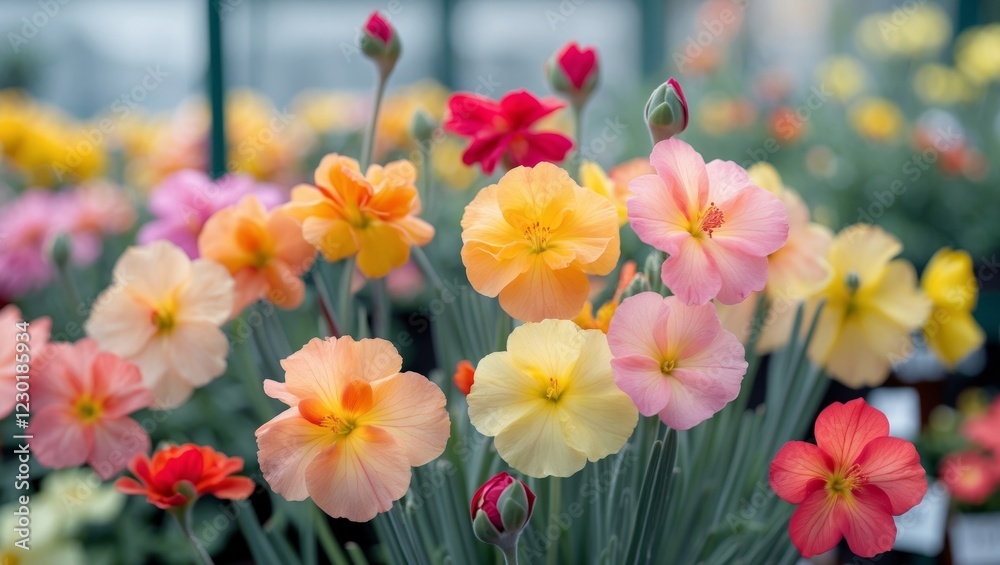 Fototapeta premium Colorful primrose flowers blooming in garden center.