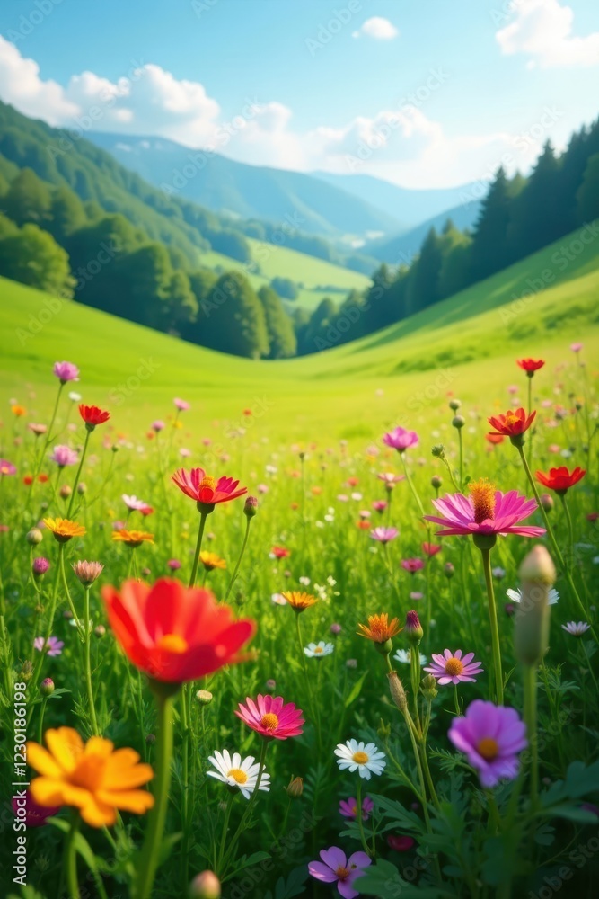 Vibrant wildflowers in lush green meadow, sunlit hills , art, artwork, green Vibrant wildflowers in lush green meadow, sunlit hills , art, artwork, green