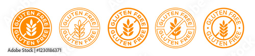 Gluten Free Icon Badge Set Vector Design. Celiac Food Product Emblem.