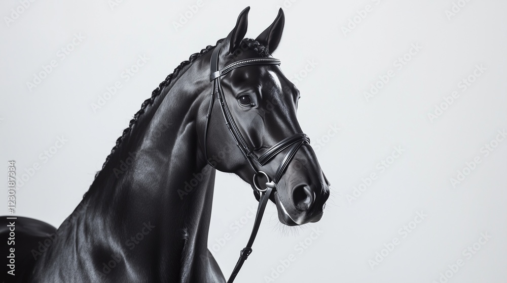 Fototapeta premium Close-up of black horse with intense look and braided mane.