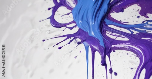 Purple and blue paint dripped onto a white surface in an abstract pattern, vibrant hues, dripping paint photo