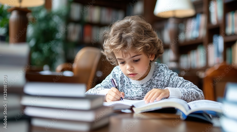 Young caucasian child studying in library surrounded by books. Young caucasian child studying in library surrounded by books.