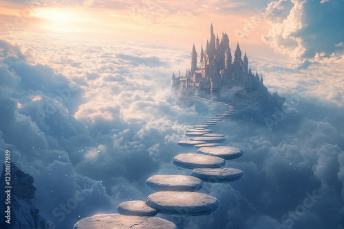 Majestic castle rises above clouds with stone pathway glowing at twilight