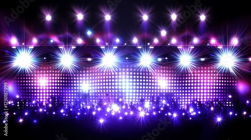 Stage lights glow above small crowd. Concert use