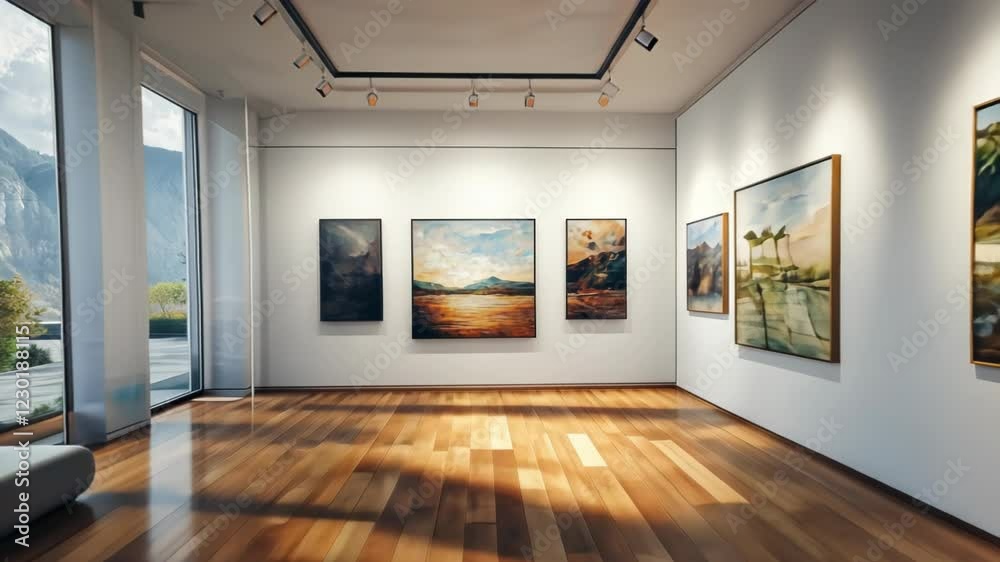 A modern art gallery showcasing various landscape paintings and natural light. A modern art gallery showcasing various landscape paintings and natural light.