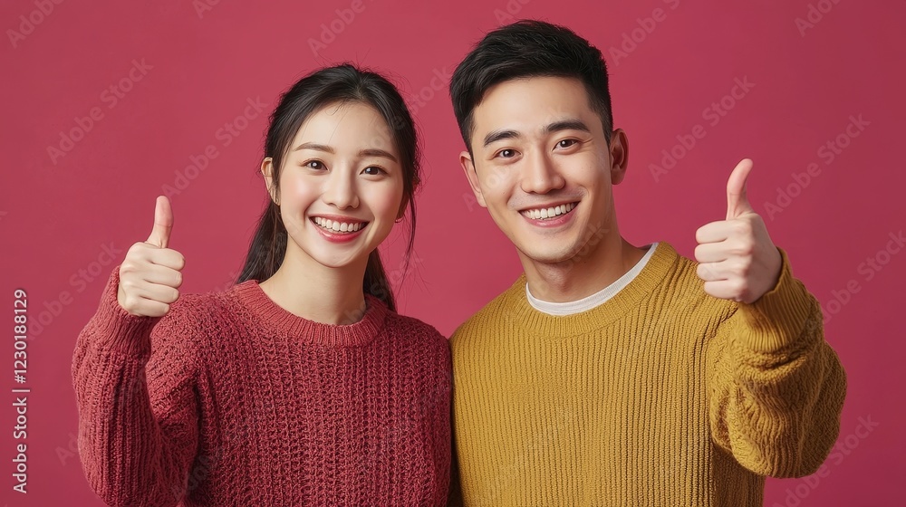 Joyful Young Adults Making Thumbs Up Gesture Against Pink Background Joyful Young Adults Making Thumbs Up Gesture Against Pink Background