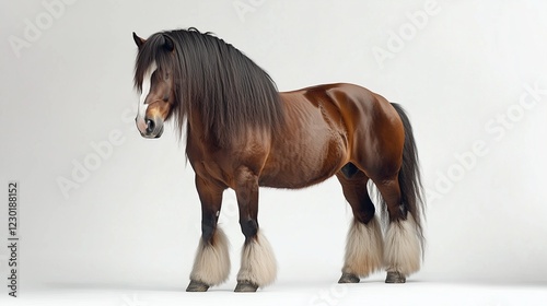 Shire horse with long mane and feathered hooves standing tall.