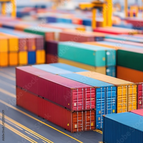 A vibrant collection of shipping containers stacked in a busy port, showcasing global trade and logistics activity.