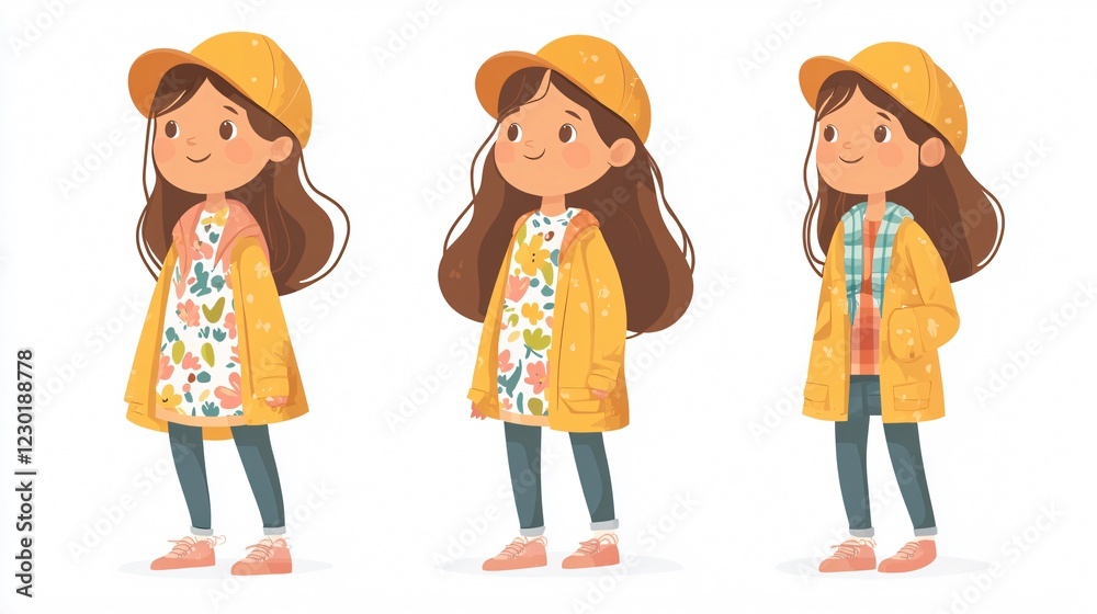 Adorable Little Girl in Spring Outfit Flat Vector Illustration for Fashion Design Projects Adorable Little Girl in Spring Outfit Flat Vector Illustration for Fashion Design Projects