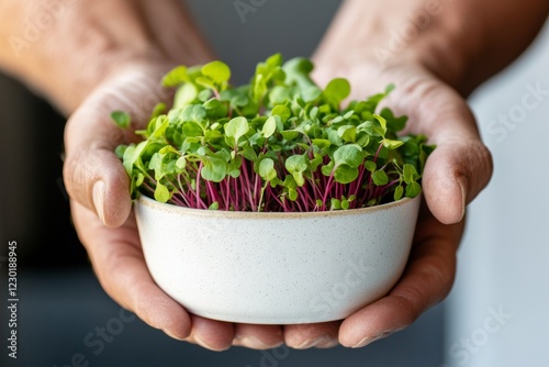 Urban Microgreens Display Sustainable Ceramic Bowl with Fresh Radish Sprouts - Home Decor and Eco-Friendly Culinary Merchandising for Modern Kitchens