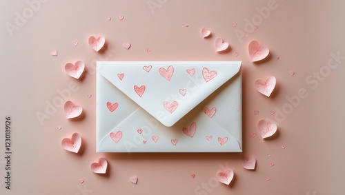 Valentine's day love letter envelope with hearts on pink background anniversary with copy space. photo