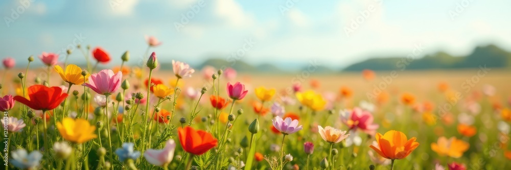 a gentle breeze rustles colorful blooms in a vast field, wind, flower fields a gentle breeze rustles colorful blooms in a vast field, wind, flower fields