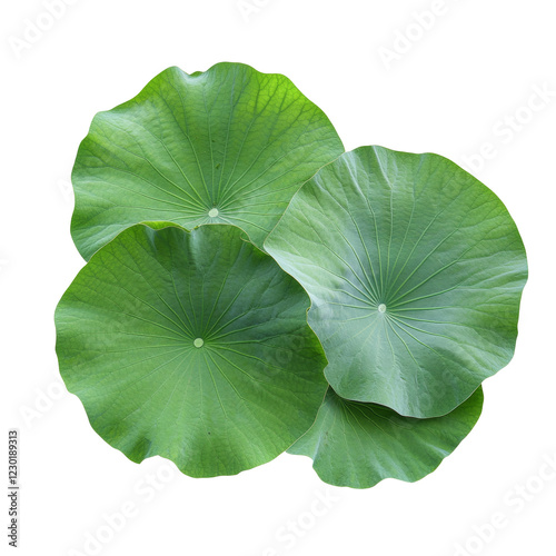 A close-up image showcases three expansive, vibrant green lotus leaves against a black backdrop.