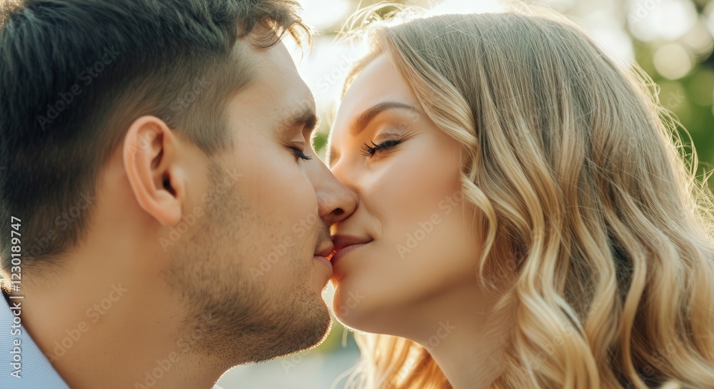 Obraz premium Romantic moment between young caucasian couple sharing a tender kiss in sunlit setting