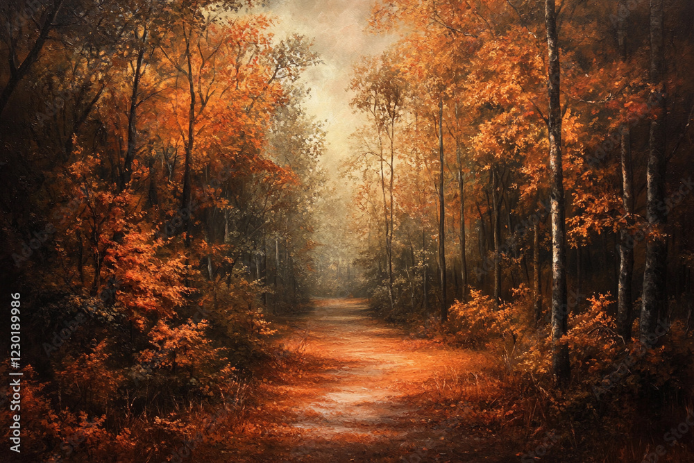 Fototapeta premium Vibrant autumn landscape with golden light filtering through orange trees