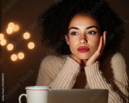 Cozy Remote Work Vibe Latina Woman in Warm Knitwear Contemplating at Desk with Coffee - Modern Digital Business and Creative Home Office Solutions photo