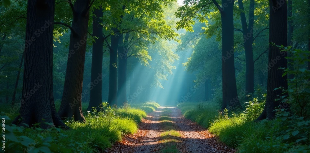 Fototapeta premium A quiet forest path with Duotone Blau Rot tree trunks and leaves, peaceful, nature, bluetail