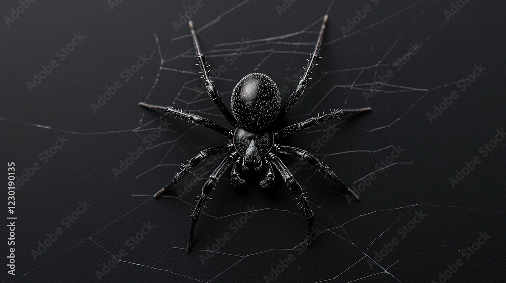 Obraz premium Captivating black spider captured in web indoor setting macro photography artistic perspective wildlife exploration