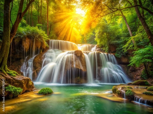 Golden Waterfall: Cascading Sunlight, Lush Nature,  Mystical River