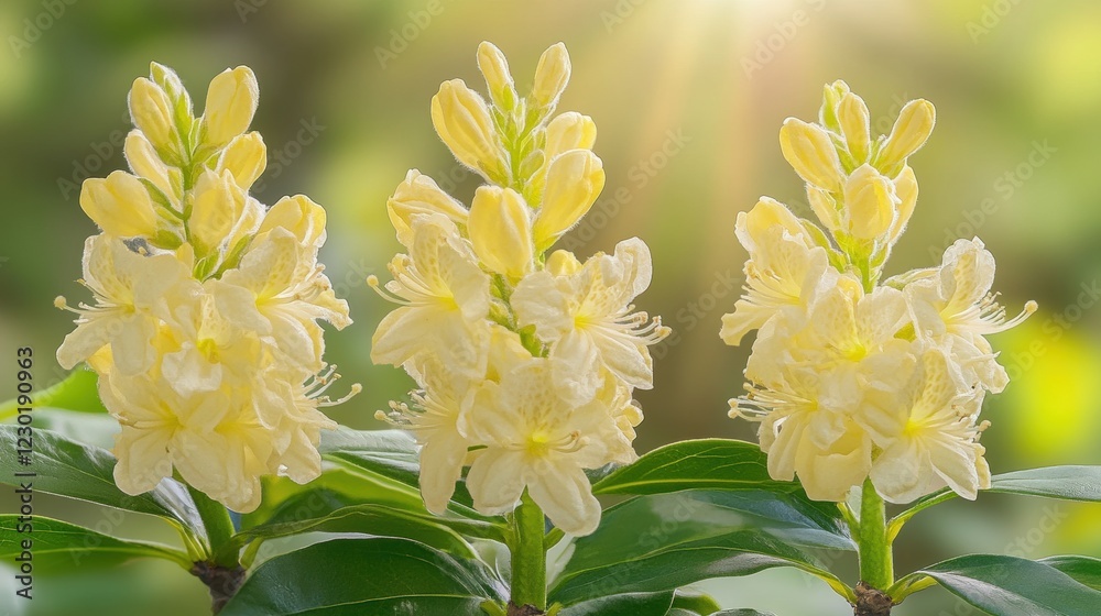 Obraz premium Beautiful Yellow Flowers Blooming in Soft Natural Light Outdoors