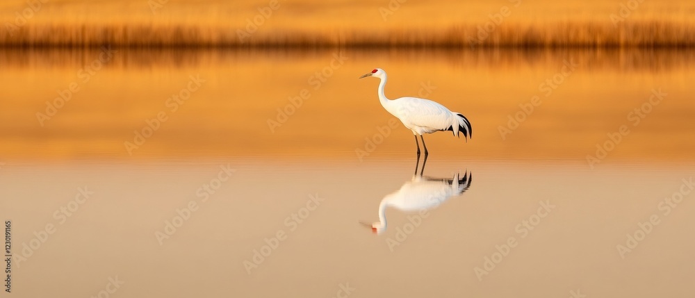 Fototapeta premium Minimalist Wetland Serenity Elegant Crane in Morning Light Reflection for Eco-Tourism Campaigns and Nature Conservation Marketing