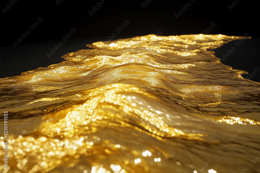 Shimmering golden river reflecting sunlight through rocky landscape in serene nature setting Shimmering golden river reflecting sunlight through rocky landscape in serene nature setting