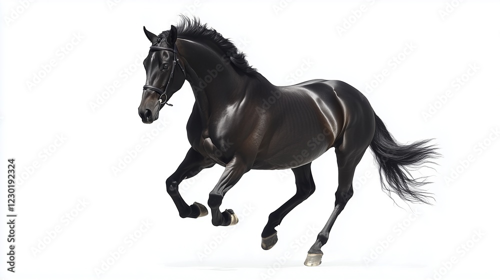 Fototapeta premium Black horse galloping with bridle on white background.