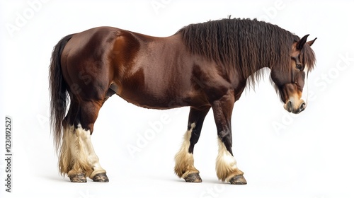 Shire horse with thick mane and feathered hooves.