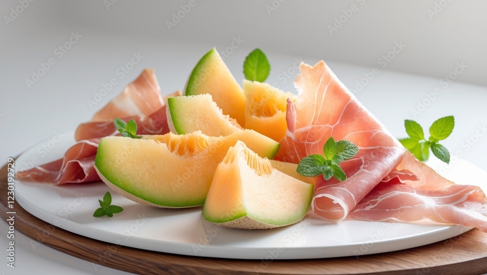 Fresh Cantaloupe Wedges with Prosciutto for Gourmet Appetizer Dish Fresh Cantaloupe Wedges with Prosciutto for Gourmet Appetizer Dish