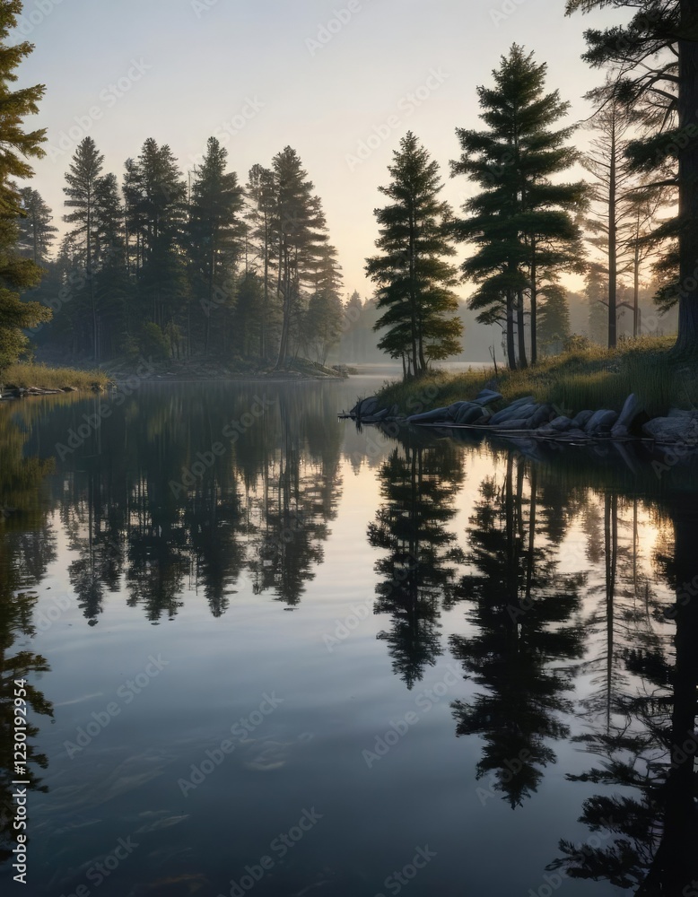 Obraz premium serene lake at dusk with trees reflected in the calm water , tranquil lake, evening ambiance